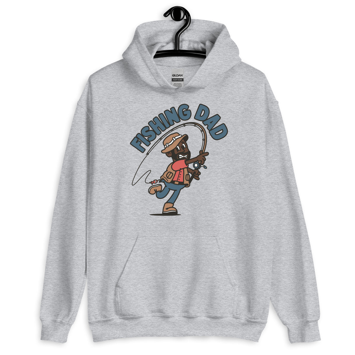Fishing Black Hair Dark Skin Tone No-Glasses Beard Dad Hoodie