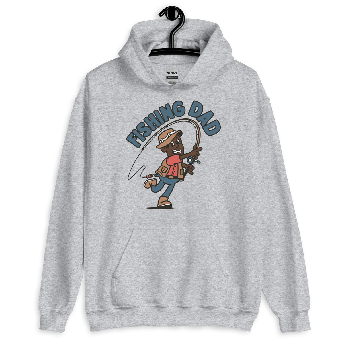 Fishing Black Hair Dark Skin Tone No-Glasses Stubble Dad Hoodie