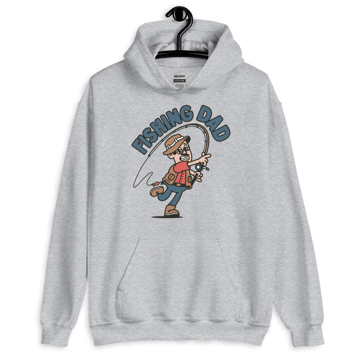 Fishing Black Hair Light Skin Tone Glasses Moustache Dad Hoodie