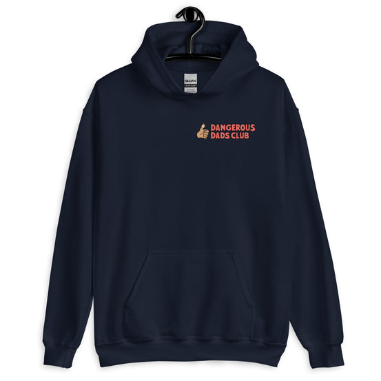 Dangerous Dads Club Hoodie - red logo with tan thumb