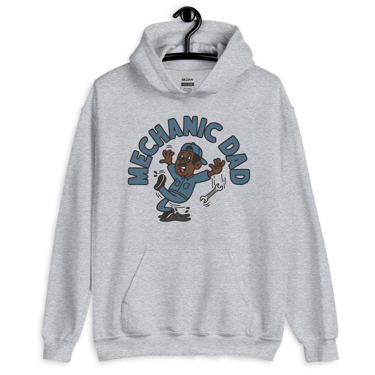 Mechanic Black Hair Dark Skin Tone Glasses Moustache Dad Hoodie