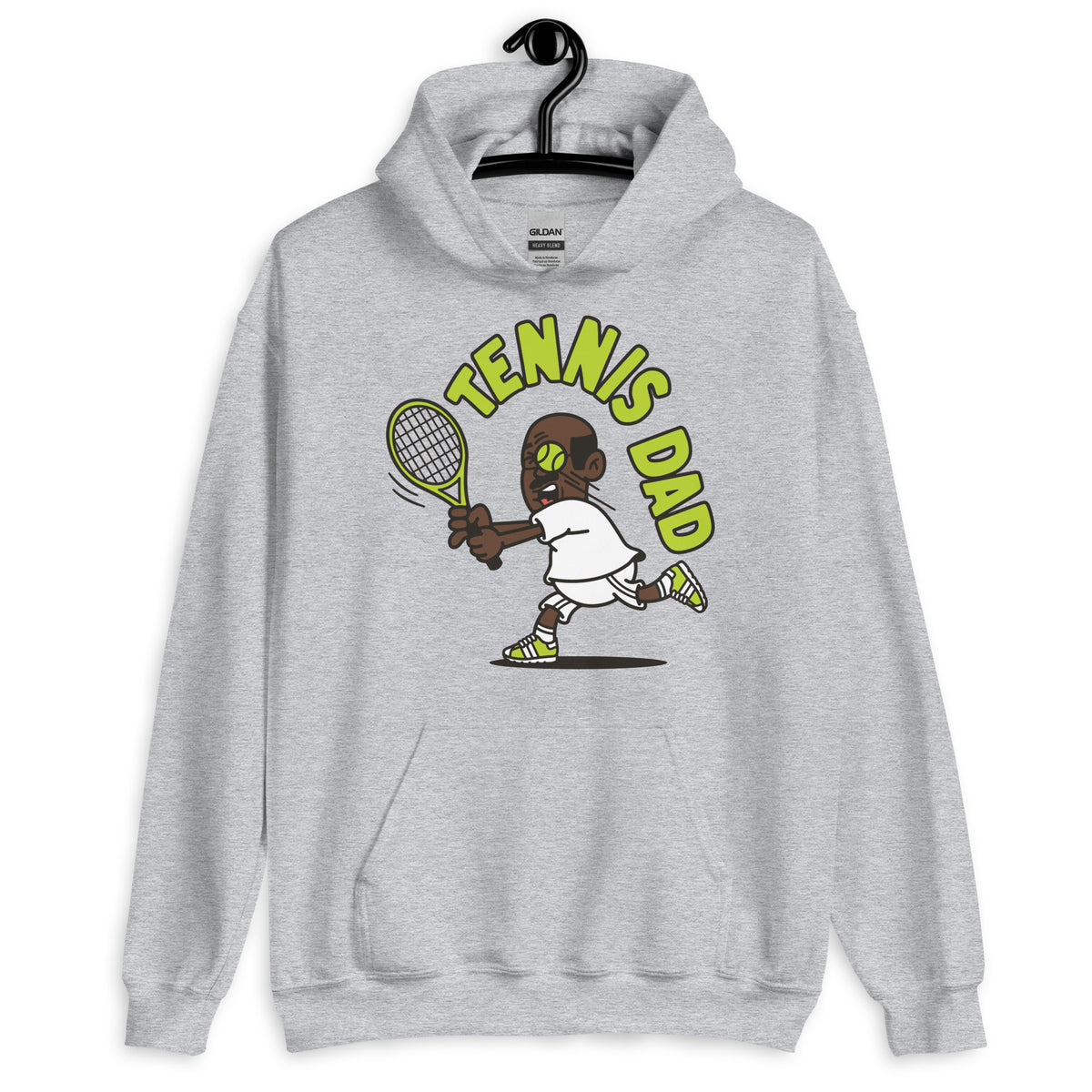 Tennis Black Hair Dark Skin Tone Glasses Bald Moustache Dad Hoodie