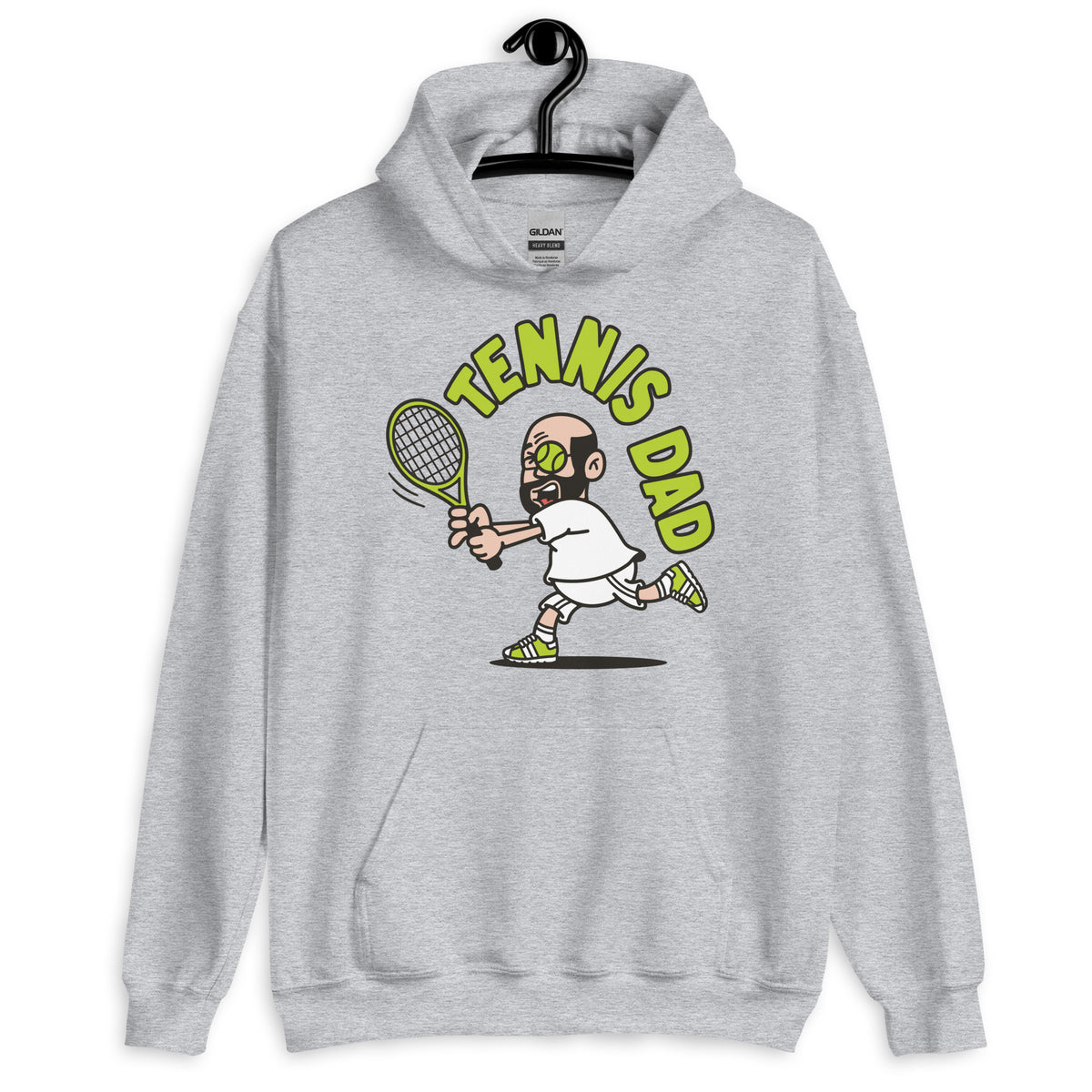 Tennis Black Hair Light Skin Tone Glasses Bald Beard Dad Hoodie