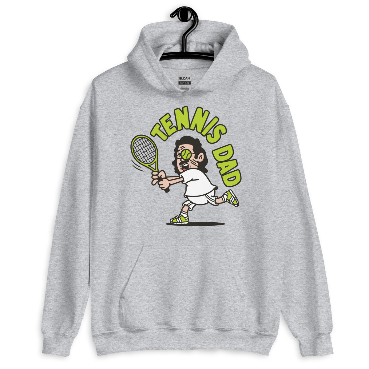 Tennis Black Hair Light Skin Tone Glasses Long Moustache Dad Hoodie