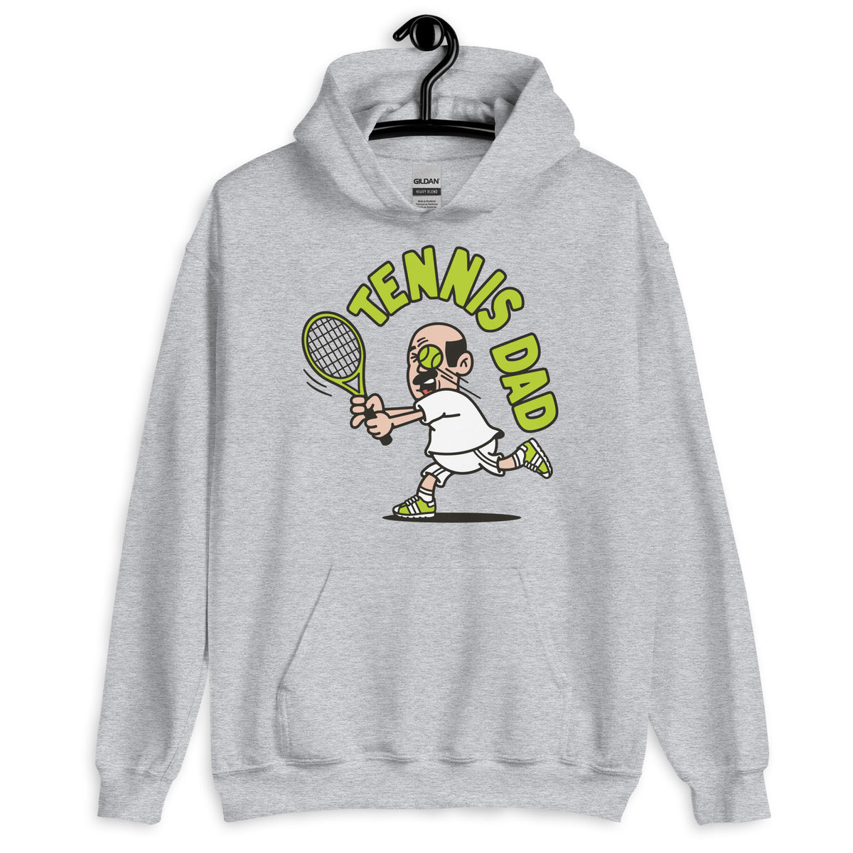 Tennis Black Hair Light Skin Tone No-Glasses Bald Moustache Dad Hoodie